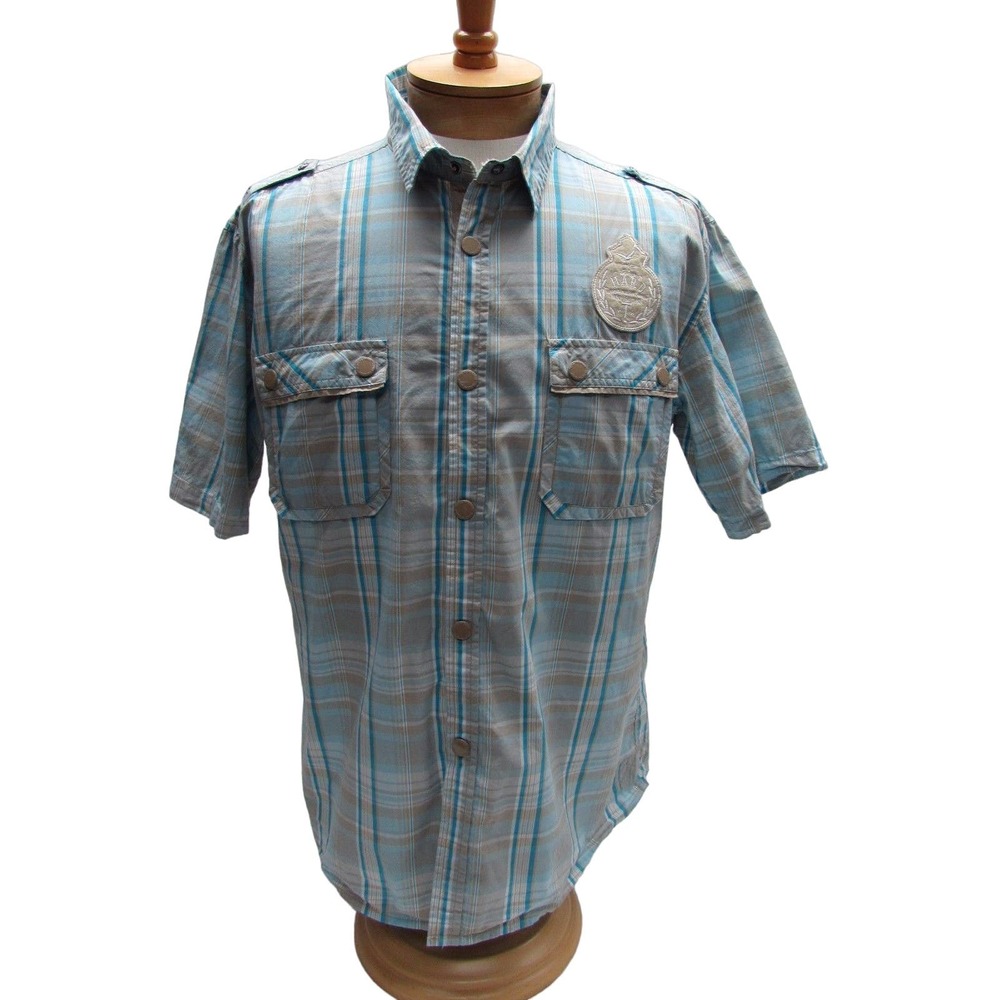 Triple Fat Goose Men's Short Sleeve Snap Up Front Plaid Shirt Size XL tan blue